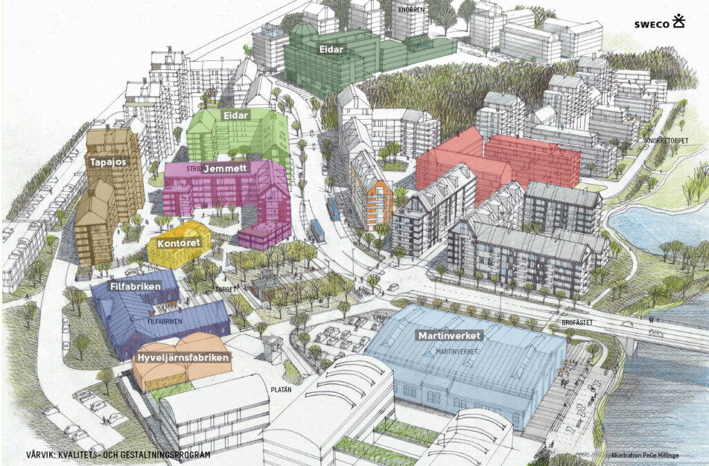 Tecknad visionsbild i fågelperspektiv över Vårvik med de olika byggnaderna färglagda i nio olika färger. 